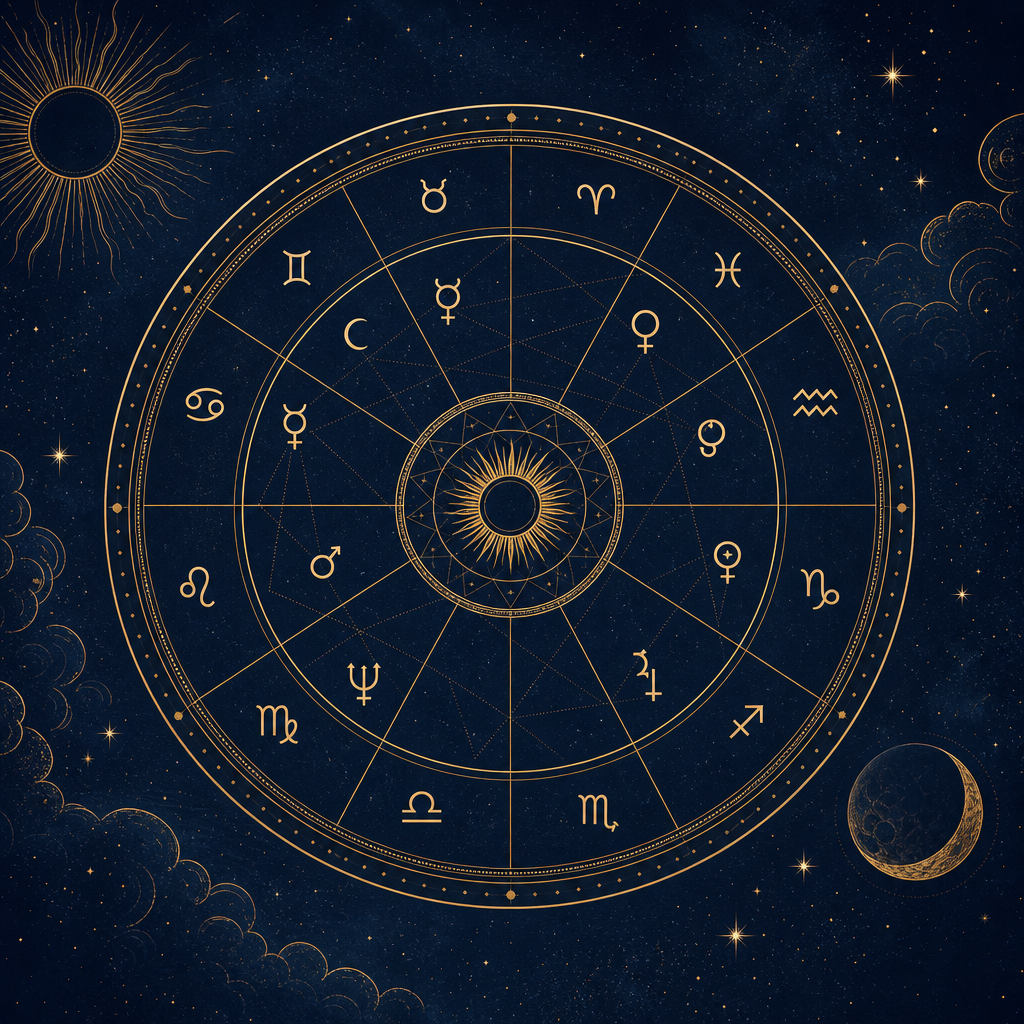 Elegant natal chart wheel with twelve houses and planetary symbols