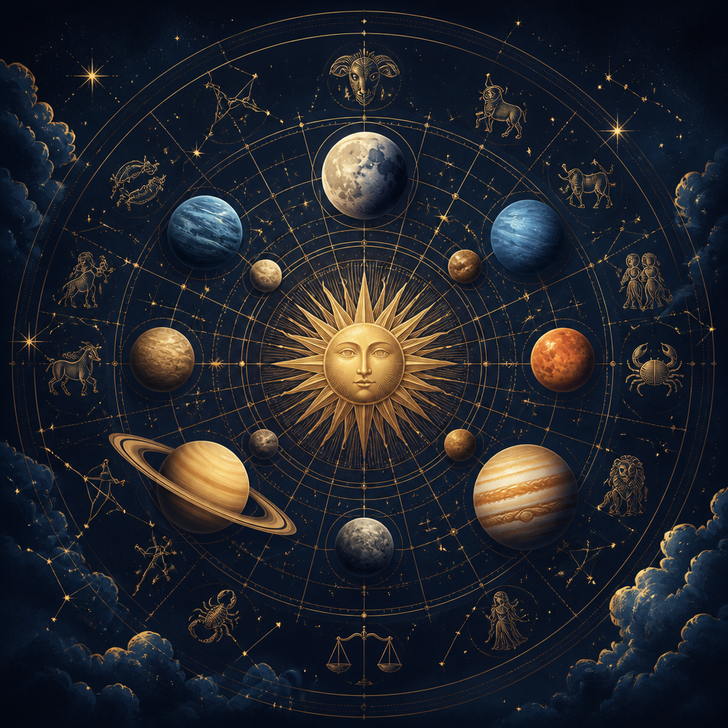 Celestial map with Sun, Moon, planets, constellations, and zodiac geometry