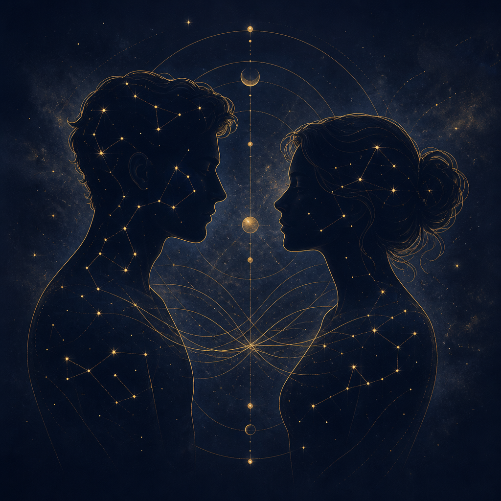 Two figures connected by subtle zodiac and constellation motifs