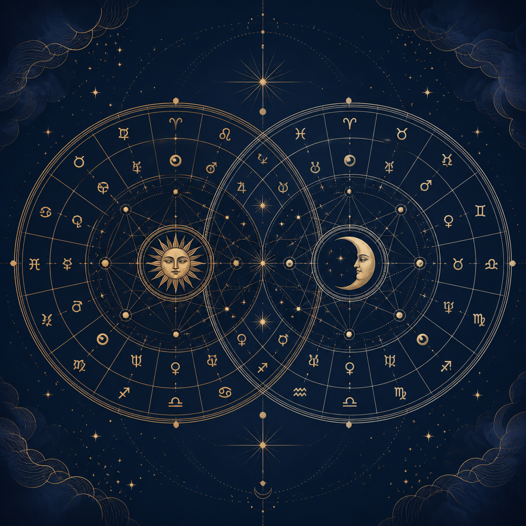 Two overlapping natal charts representing relationship compatibility