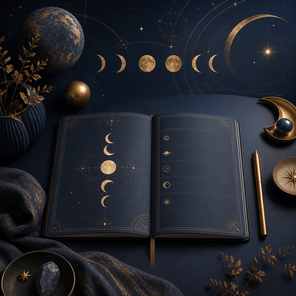 Celestial planner with moon phases and planetary symbols for daily reflection