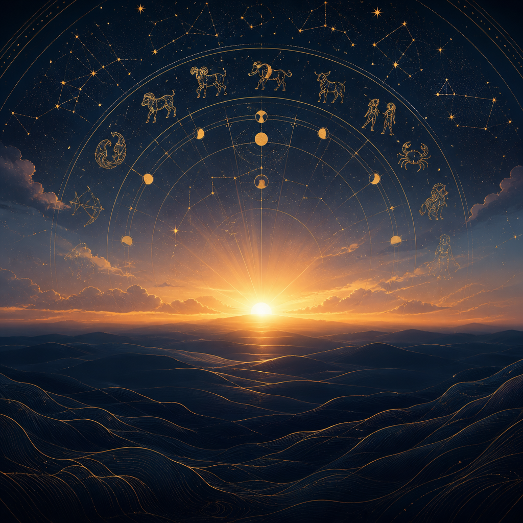Sunrise with subtle zodiac constellations representing daily guidance