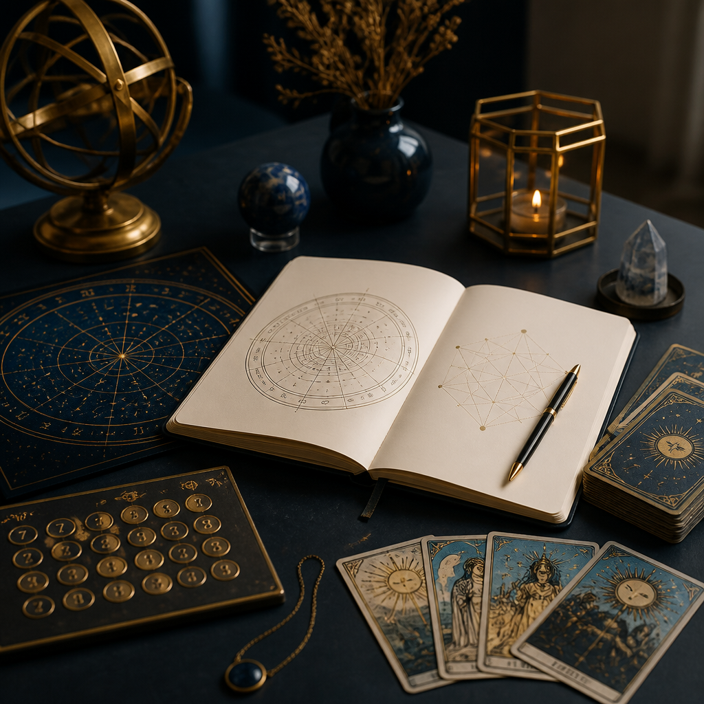 Reference desk with a birth chart, number patterns, Tarot cards, and journal
