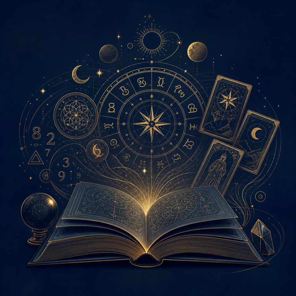 Open book with subtle astrology, numerology, and Tarot symbols