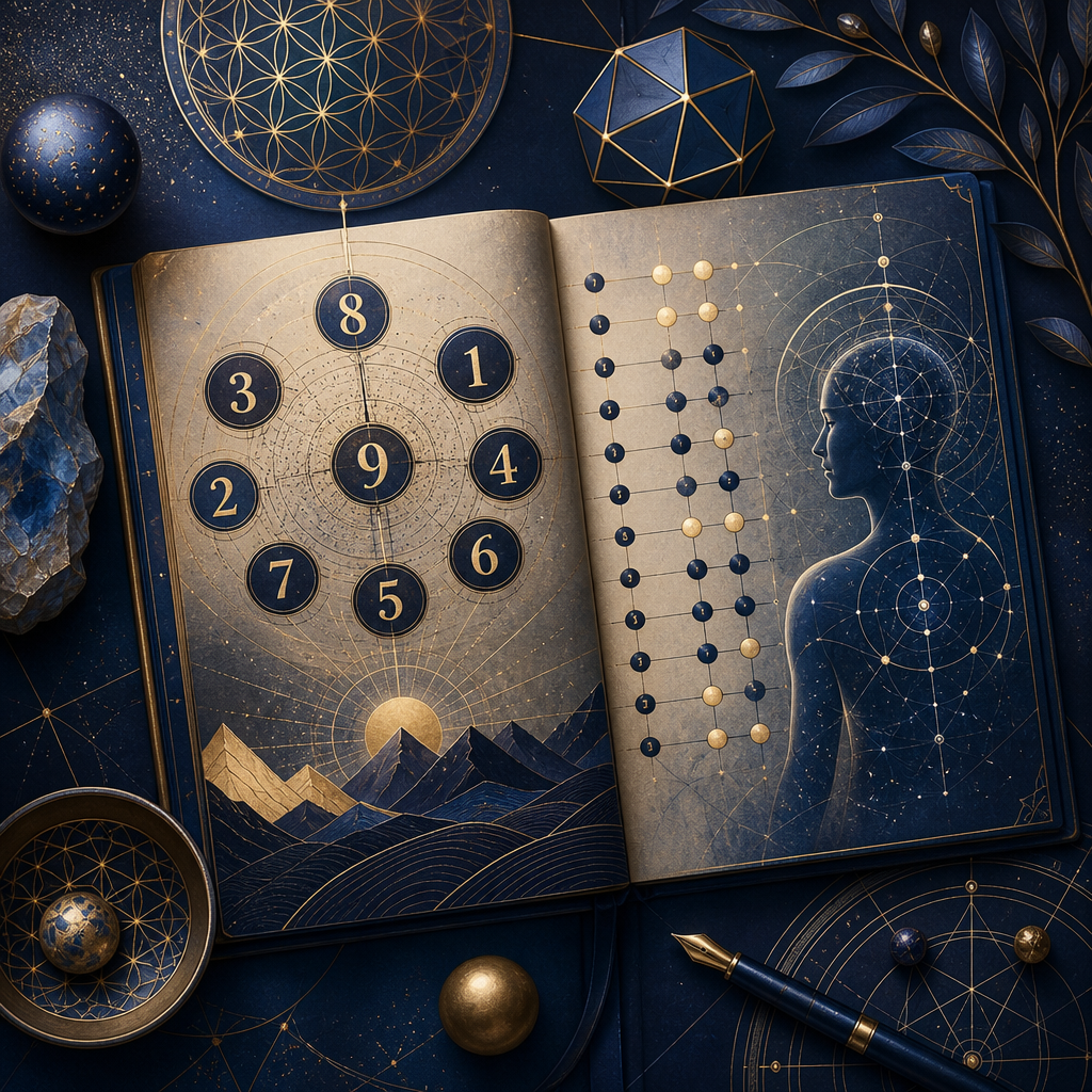 Numerology journal with abstract birth-date digits and geometric number mapping
