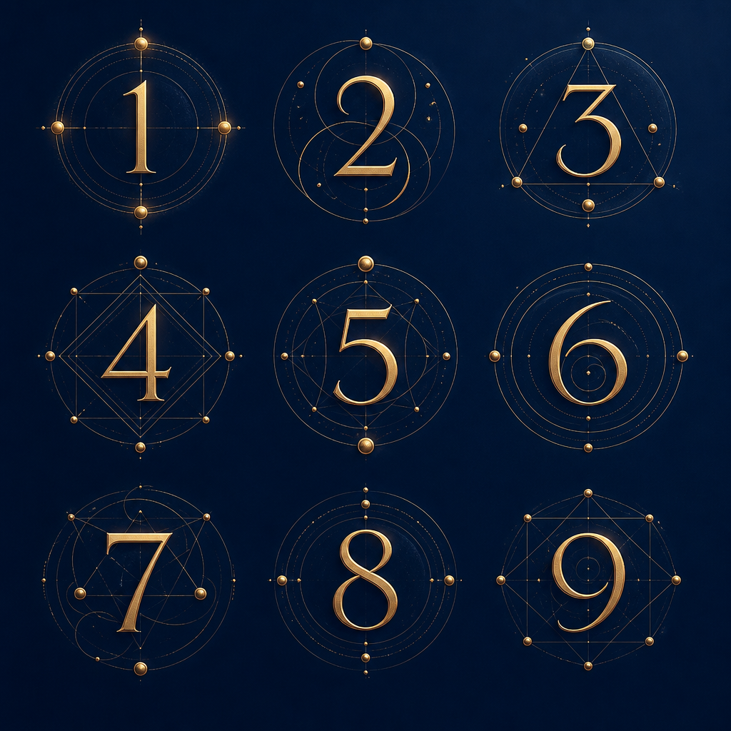 Elegant numerology number patterns with gold geometry on a dark navy background