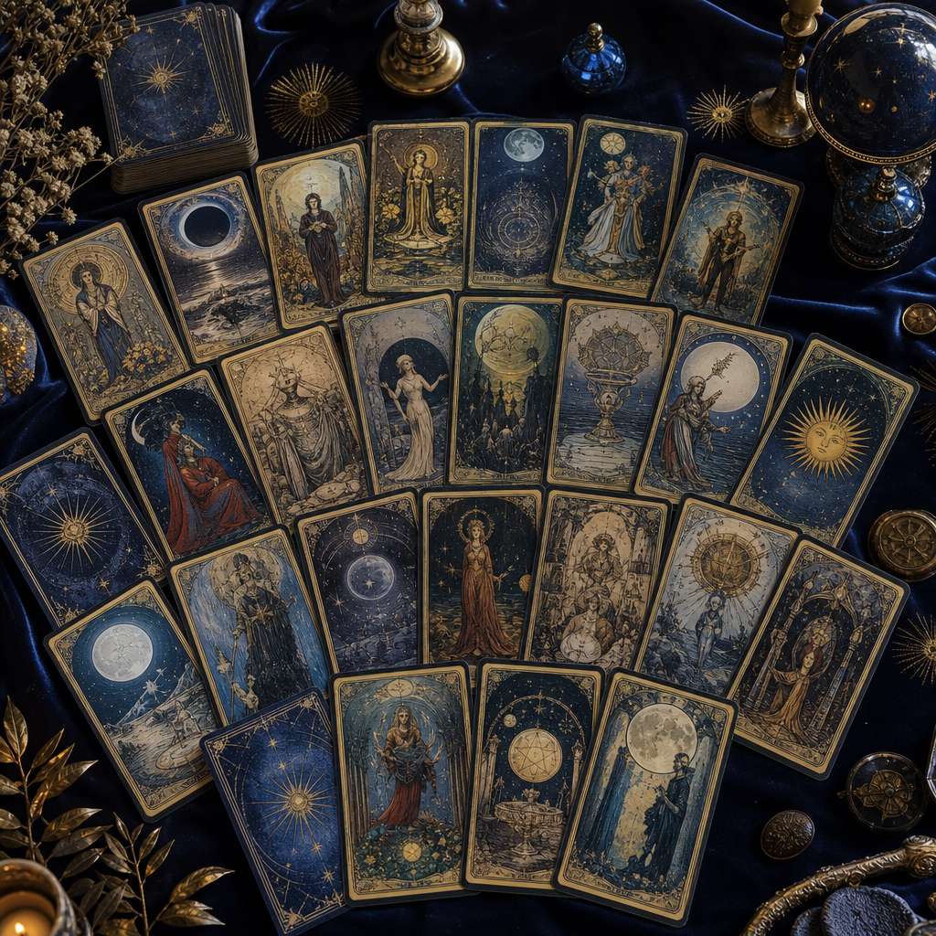 Tarot deck arranged on a dark navy surface with subtle gold celestial accents