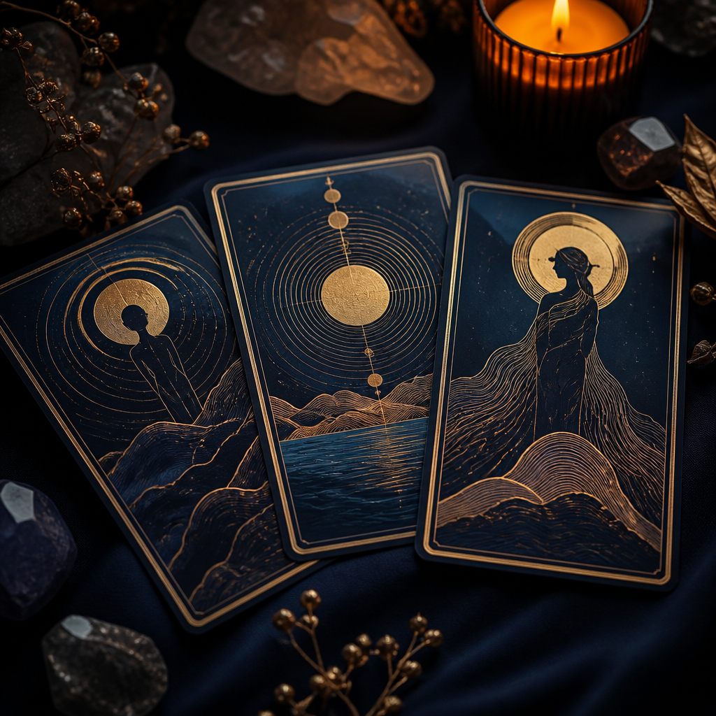 Three tarot cards with elegant gold celestial details on a dark background