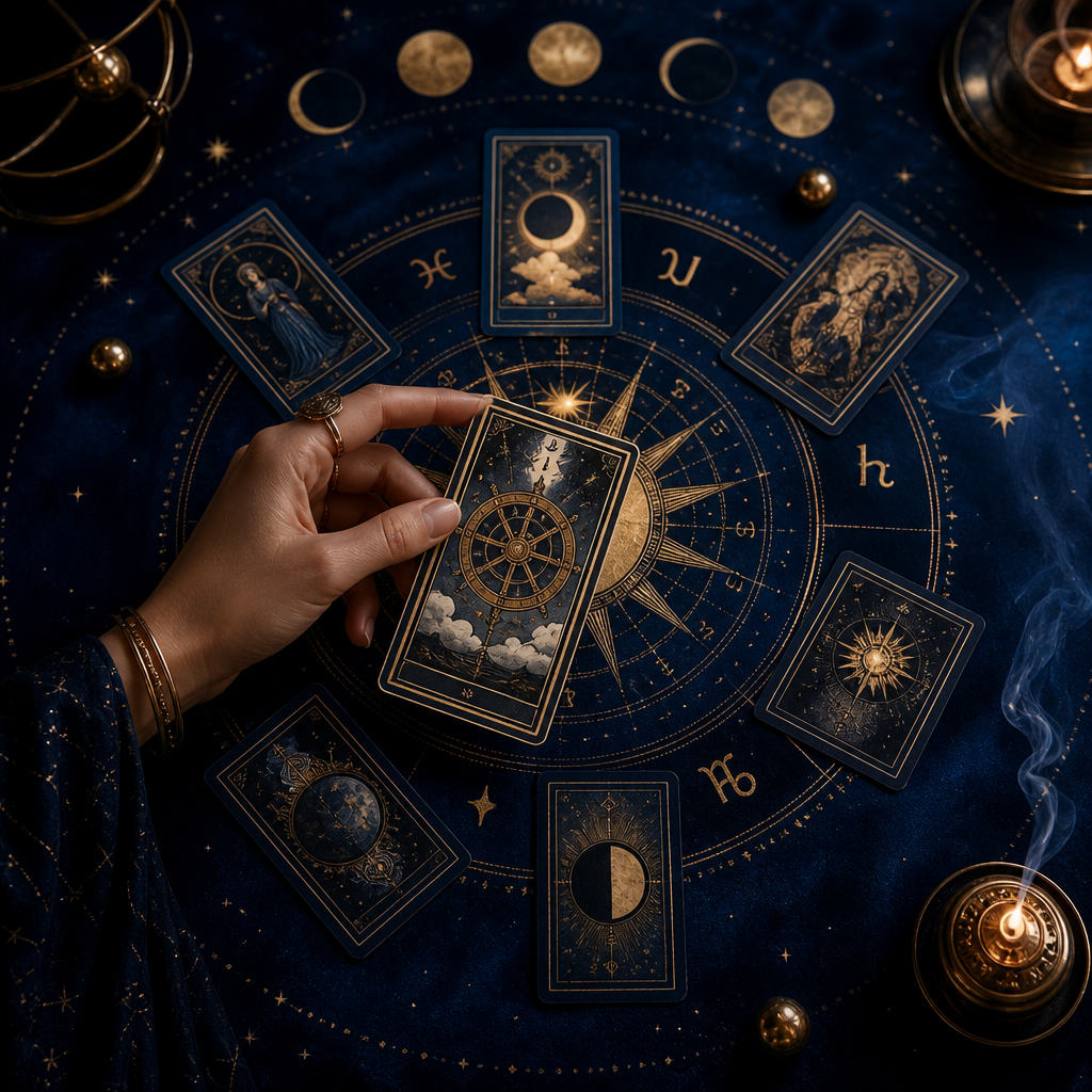 Wheel of Fortune Tarot với bánh xe thiên thể màu vàng trên nền xanh đậm