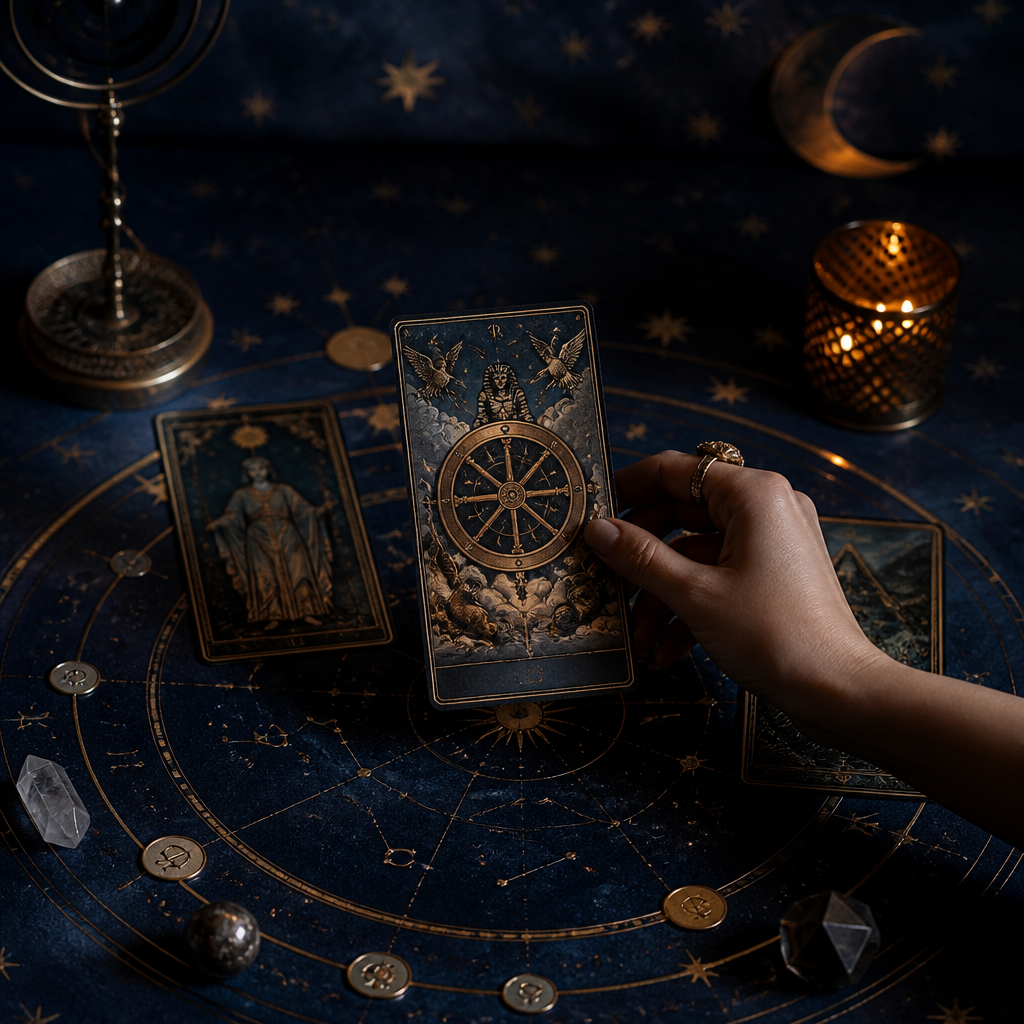 Roue de Fortune du Tarot avec roue céleste dorée sur fond bleu nuit