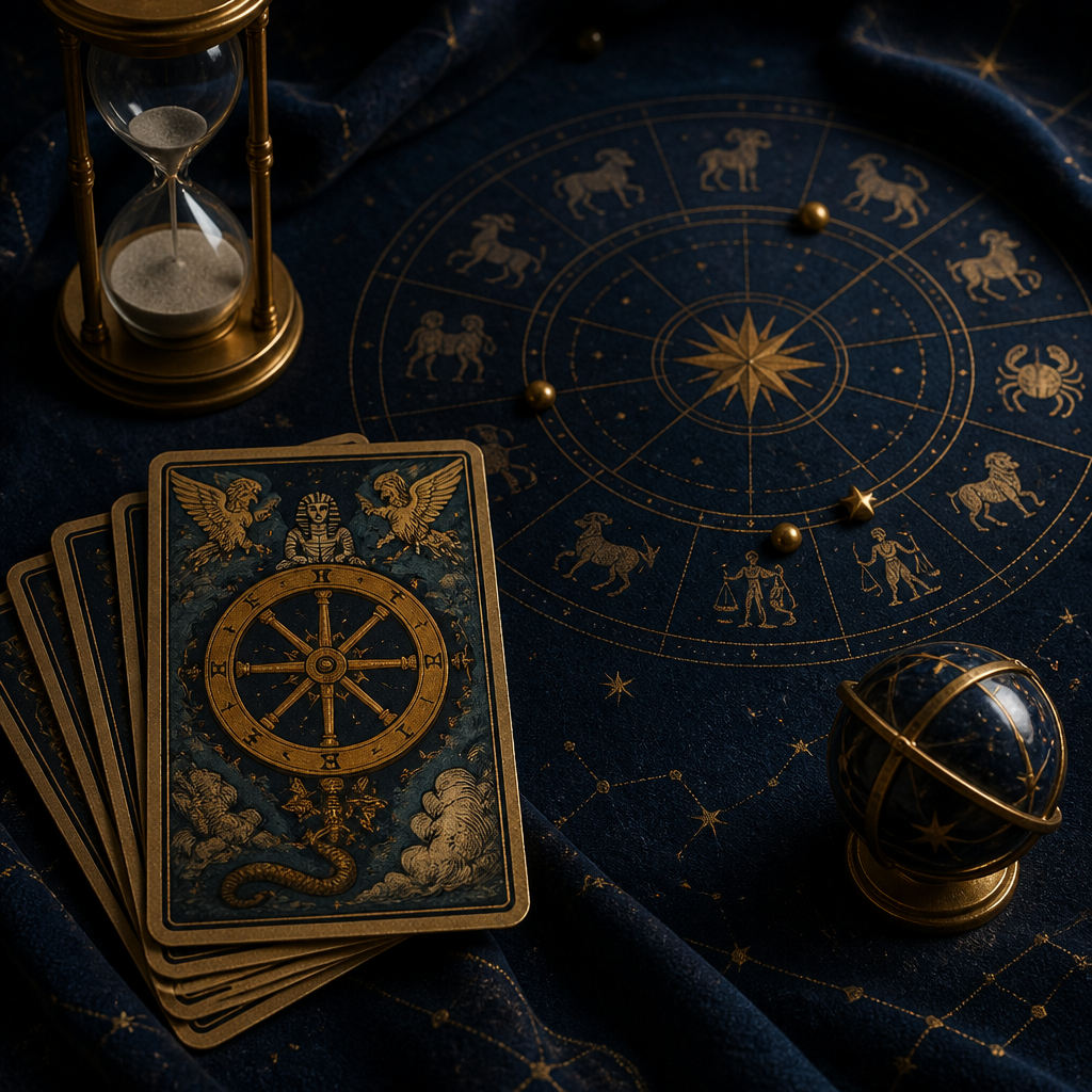 Rueda de la Fortuna del Tarot con rueda celeste dorada sobre fondo azul oscuro