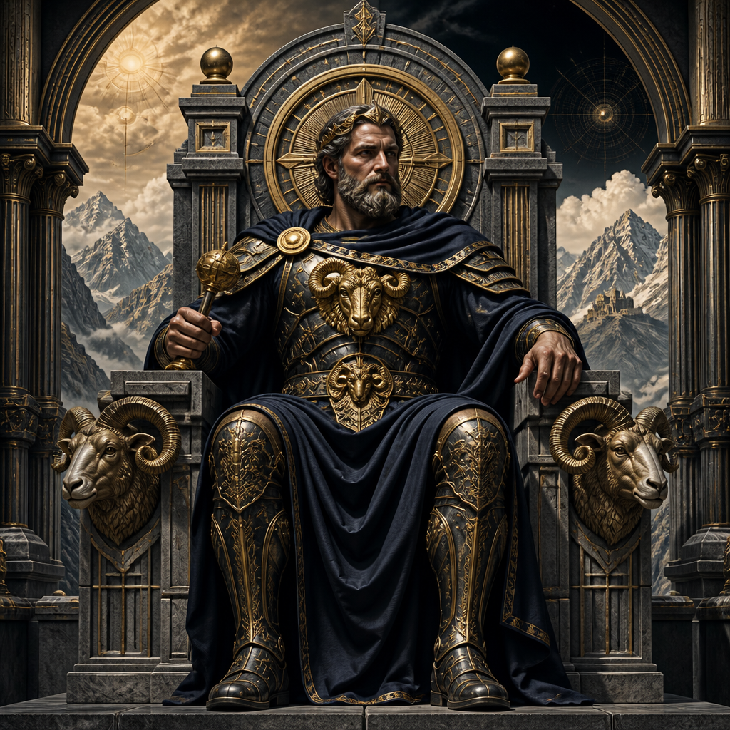 Simbolismo de El Emperador en el Tarot con trono de piedra, montañas, armadura y motivos de Aries que representan autoridad, estructura, liderazgo y estabilidad