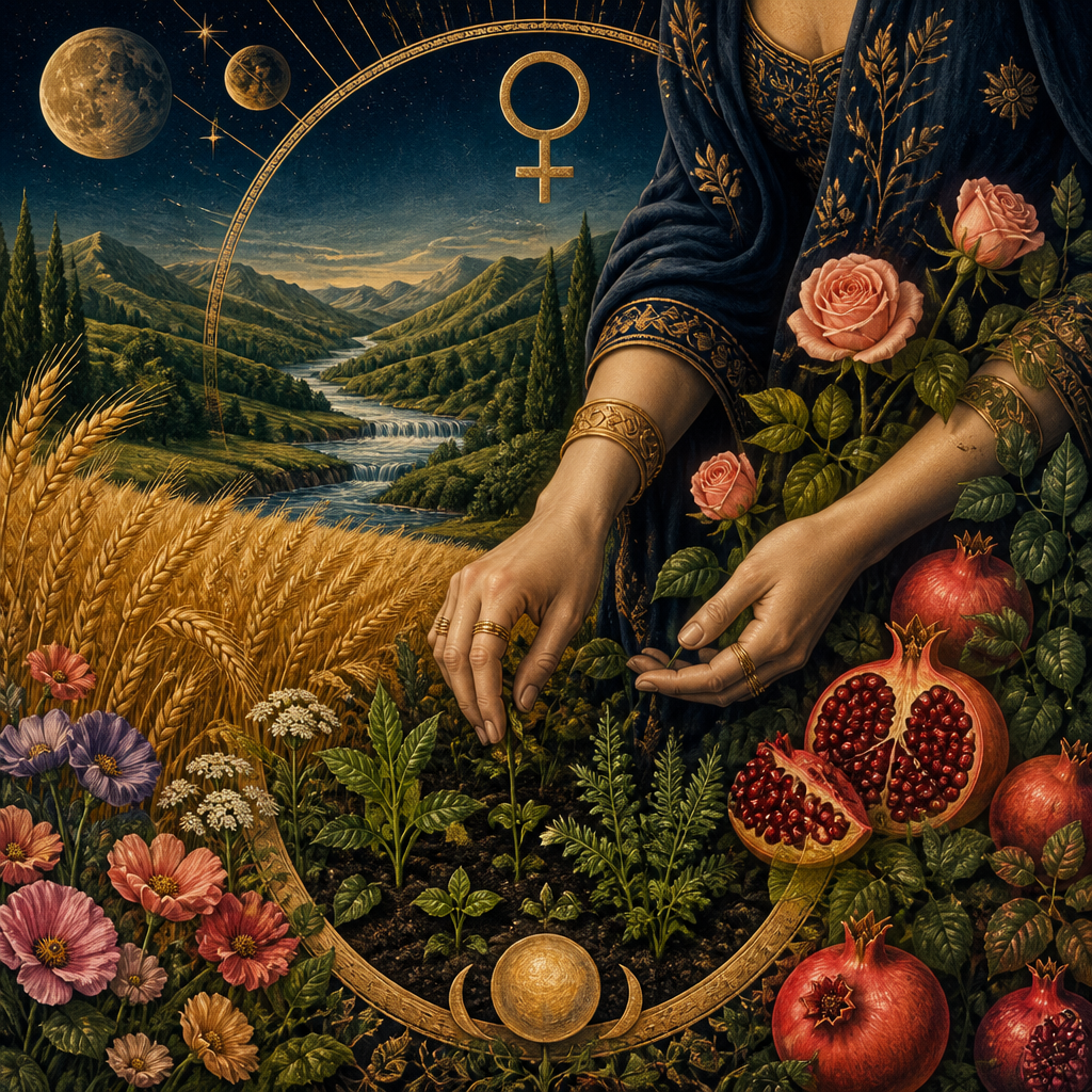 Simbolismo de La Emperatriz en el Tarot con paisaje fértil, agua, trigo y Venus representando abundancia, creatividad y cuidado