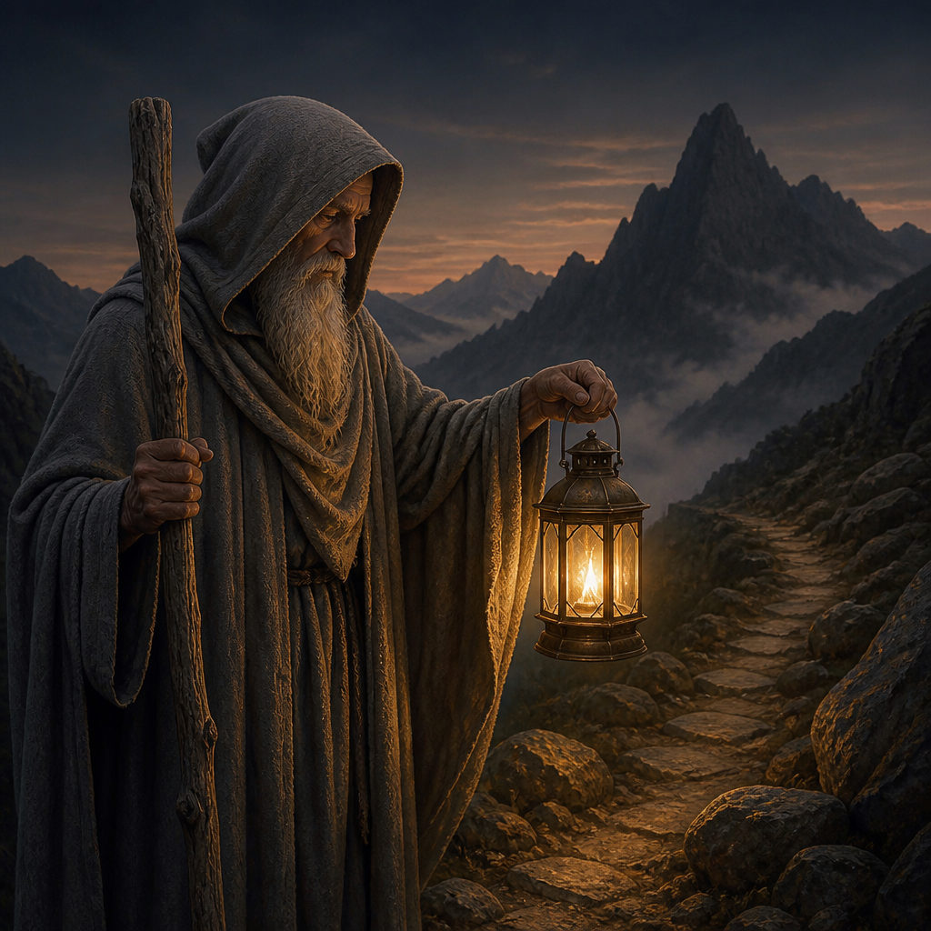 Symbolique de l’Hermite avec lanterne, bâton et sentier de montagne dans une lumière calme