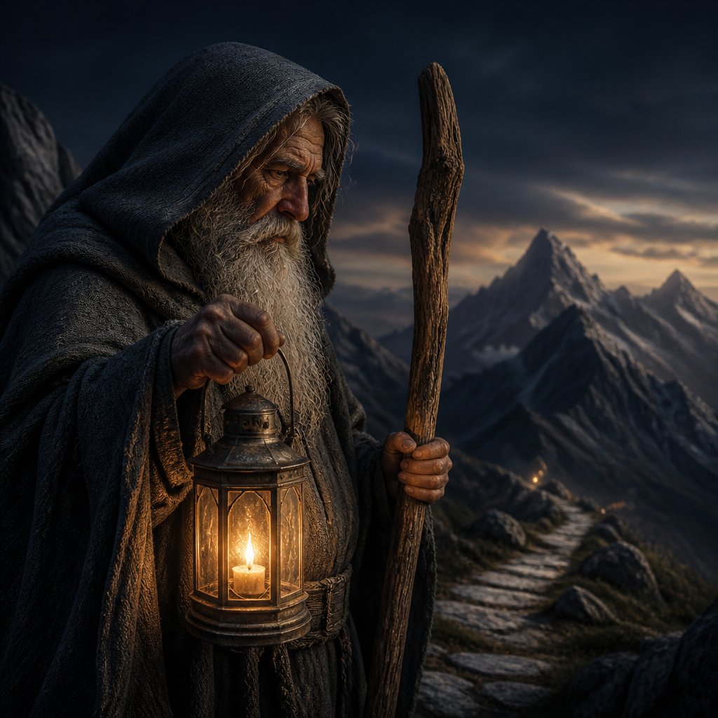 Biểu tượng The Hermit với đèn lồng, cây gậy và con đường núi trong ánh sáng tĩnh lặng