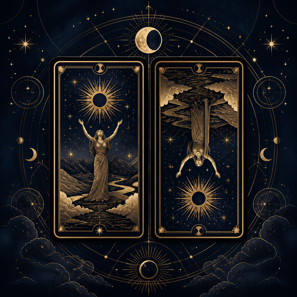 Upright and reversed Tarot cards on a dark navy background with elegant gold celestial details