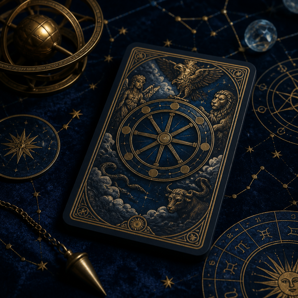 Wheel of Fortune Tarotkarte mit goldenem Himmelsrad auf dunkelblauem Hintergrund